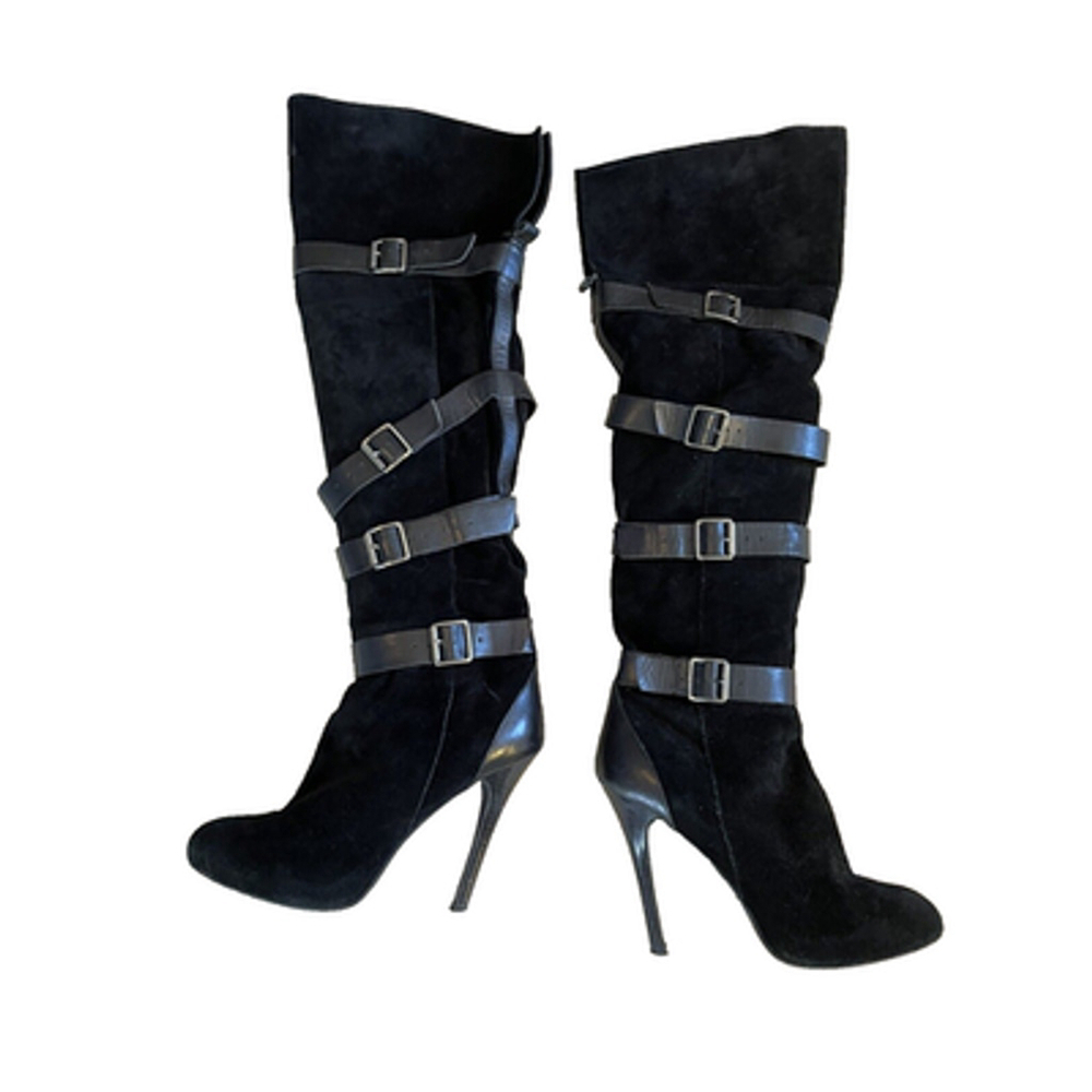 BCBGeneration Black Suede Buckle Accents Over Knee Stiletto Boots Sz 10